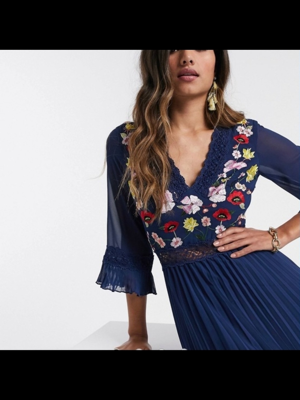ASOS Navy V-Neck Midi Dress with Floral Embroidery